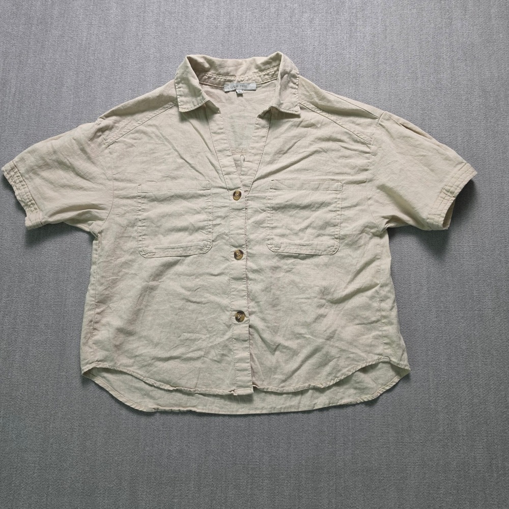 Love Tree Button Down Shirt Women Medium Beige Linen Blend Short Sleeve Pockets